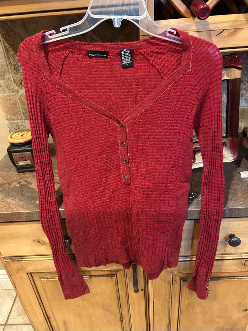 Moda International Red Ribbed Henley Long Sleeve Top old school VS